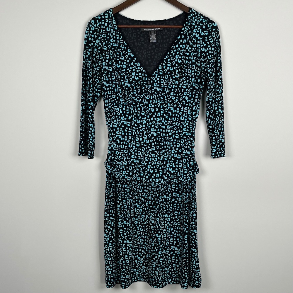 Jones Wear Dress Womens 10 Teal Black Abstract Print V-Neck Ruched Sheath